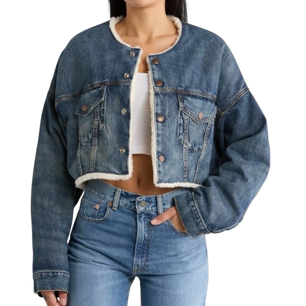 NWT Denimist Denim Faux Shearling Collarless Snap Front Cropped Sherpa Jacket